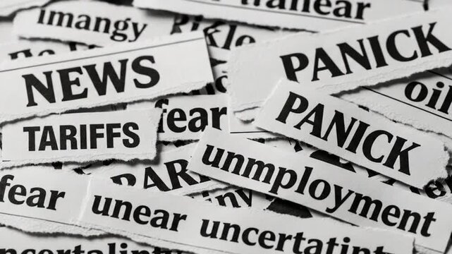 Close up of torn newspaper headlines showing words like panic tariffs and unemployment news fear