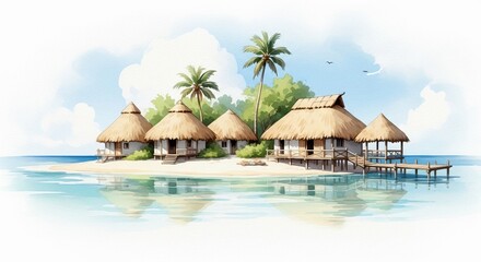 Fototapeta premium Idyllic tropical island resort with thatched-roof bungalows over crystal clear turquoise water.