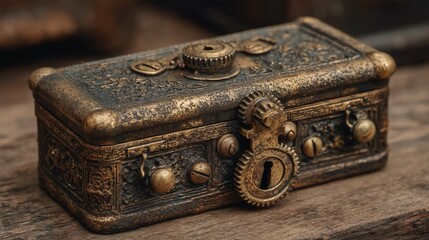 Close-up of antique brass lock mechanism with visible gears and aged patina, symbolizing security, mystery, and intricate vintage hardware design in warm lighting.