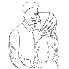 One continuous single drawing line art flat doodle couple, woman, man, lover, love, muslim, married. Isolated image hand draw contour on a white background
