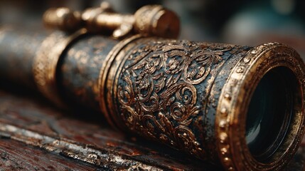 Close-up of antique brass telescope with engraved details and worn patina, highlighting classic exploration instruments and timeless scientific craftsmanship in soft warm light.