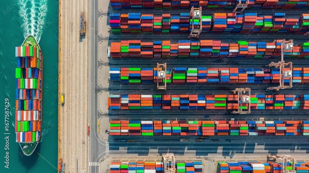 Poster aerial view of a container ship arriving at a port filled with stacked colorful cargo containers