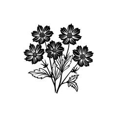 Elegant black and white floral arrangement featuring cosmos flowers and foliage Silhouette Vector 