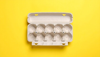 An empty, light beige egg carton rests on a bright yellow background.