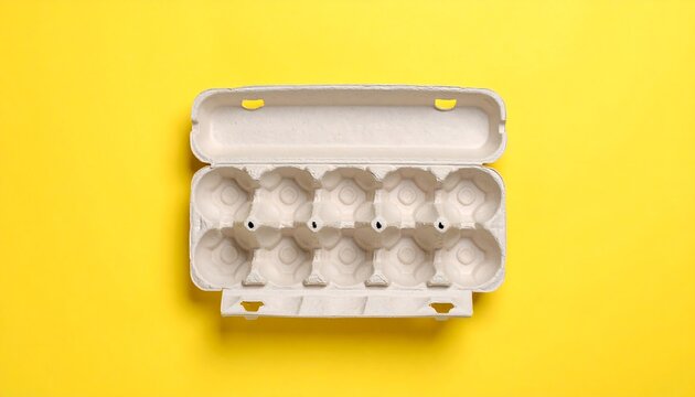 An empty, light beige egg carton rests on a bright yellow background. - Powered by Adobe