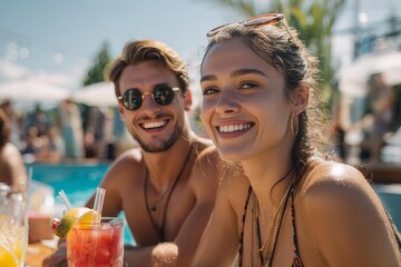 A cheerful couple enjoys refreshing cocktails at a sunny poolside gathering with smiles and laughter all around
