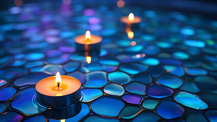 Tranquil spa experience featuring floating tealight candles illuminating a pool of shimmering blue and purple mosaic tiles creating a serene and calming ambiance for relaxation and wellness