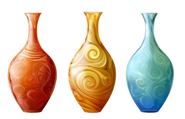 three different-colored glass vases with swirling patterns, isolated on a transparent background.