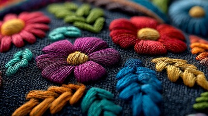 Close-up of colorful hand-stitched embroidery patterns on fabric, highlighting needlework craftsmanship, detailed designs, and cultural textile arts.