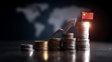 China's Economic Growth Stacks of Coins with Upward Arrow and Flag on Top