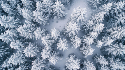 Obraz premium Snow blankets the pine forest, creating a serene winter landscape. The drone captures the majestic view from above, showcasing the tranquility and beauty of nature during a snowy day