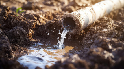 outdoor buried irrigation pipe fracture with small fountain of water and muddy soil texture early morning light documentary style illustration concept scene visual for commercial design use
