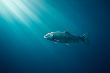 Naklejka premium Fish under the sun's rays in the ocean. Space for text.