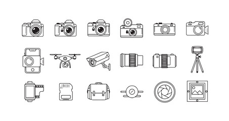 Camera line art icon bundle illustration