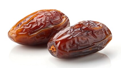 Two ripe Medjool dates with wrinkled skin on a white background fruit food