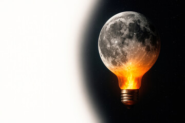 The moon is in the shape of a light bulb with a fiery glow. Space for text.