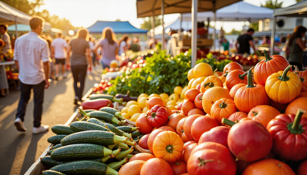 Fresh vegetables and pumpkins displayed at outdoor farmers market   - Powered by Adobe