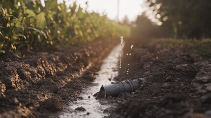 Obraz premium outdoor buried irrigation pipe fracture with small fountain of water and muddy soil texture early morning light documentary style illustration concept scene visual for commercial design use