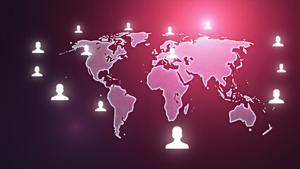Abstract Digital Global Network Concept with White Human Profile Icons Orbiting Dotted World Map on Magenta Background, Representing Connectivity, Communication, and Information Flow