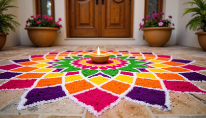 Colorful rangoli design with diya at the entrance door during festivities  
