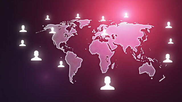 Abstract Digital Global Network Concept with White Human Profile Icons Orbiting Dotted World Map on Magenta Background, Representing Connectivity, Communication, and Information Flow