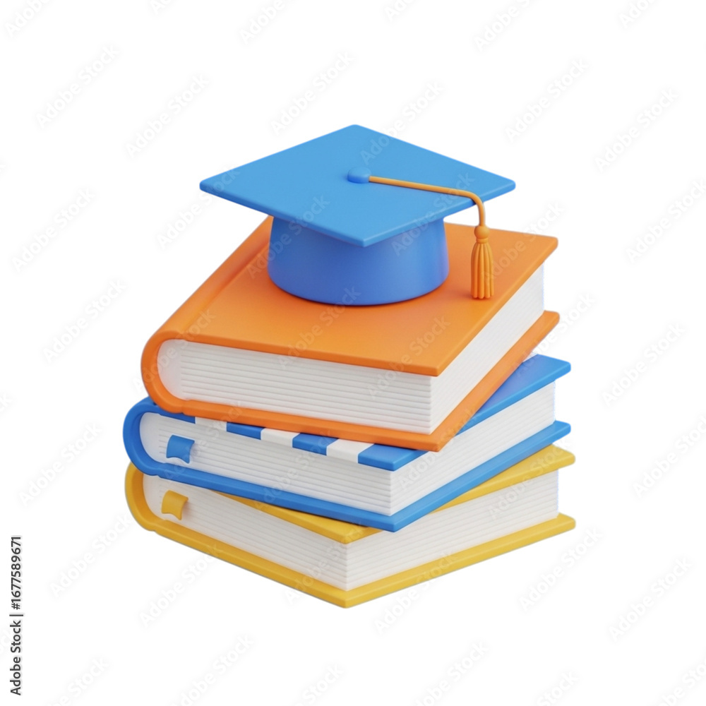 Poster 3d icon of stack of books with graduation cap isolated on transparent background