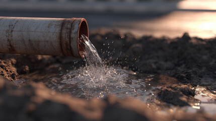 outdoor buried irrigation pipe fracture with small fountain of water and muddy soil texture early morning light documentary style illustration concept scene visual for commercial design use