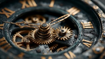 Close-up of intricate mechanical clock gears interlocked in vintage style with textured metal surfaces and warm ambient lighting showing craftsmanship detail
