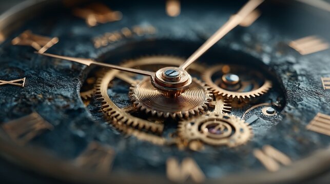 Close-up of intricate mechanical clock gears interlocked in vintage style with textured metal surfaces and warm ambient lighting showing craftsmanship detail