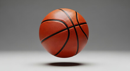 A basketball floating in the air on a gray background
