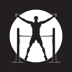 Silhouette of a man doing jumping jacks in front of a pull up bar against a bright white circle © John