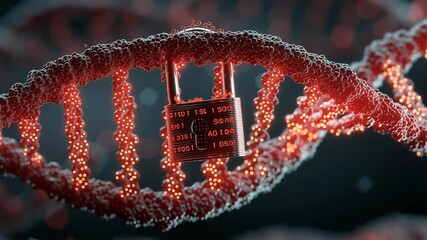 Metal padlock locked on DNA strand, symbolizing genetic data protection, biotechnology security, and privacy in digital medicine. - Powered by Adobe