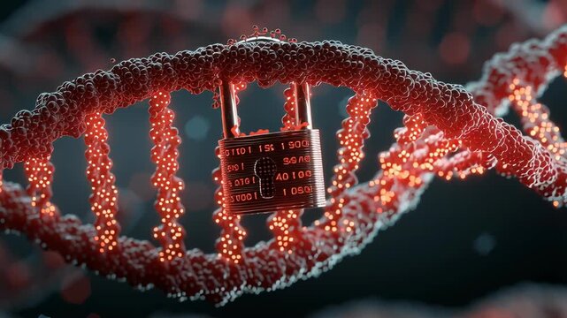 Metal padlock locked on DNA strand, symbolizing genetic data protection, biotechnology security, and privacy in digital medicine. - Powered by Adobe