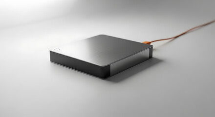 A sleek grey box with a cable on a white surface