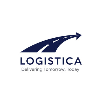 Logo of Logistica, a logistics company, featuring a road with an arrow pointing upwards, and the tagline.