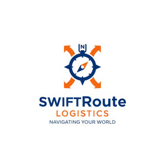 Fototapeta premium Logo for SwiftRoute Logistics, featuring a compass design with arrows, and the tagline 'Navigating Your World'.