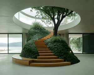 Interior atrium with a tree and a circular staircase