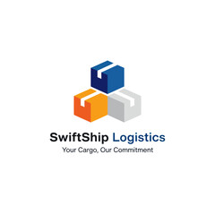 SwiftShip Logistics logo featuring three colorful shipping boxes in blue, orange, and grey, with the tagline 'Your Cargo, Our Commitment'.