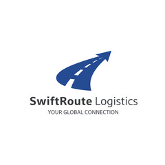 SwiftRoute Logistics company logo featuring a blue road forming an upward arrow on a white background.