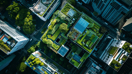 This aerial view reveals a vibrant city filled with green rooftops featuring gardens and vegetation