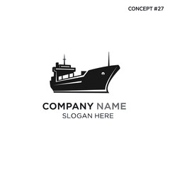 A black and white silhouette of a cargo ship, representing a company name and slogan.