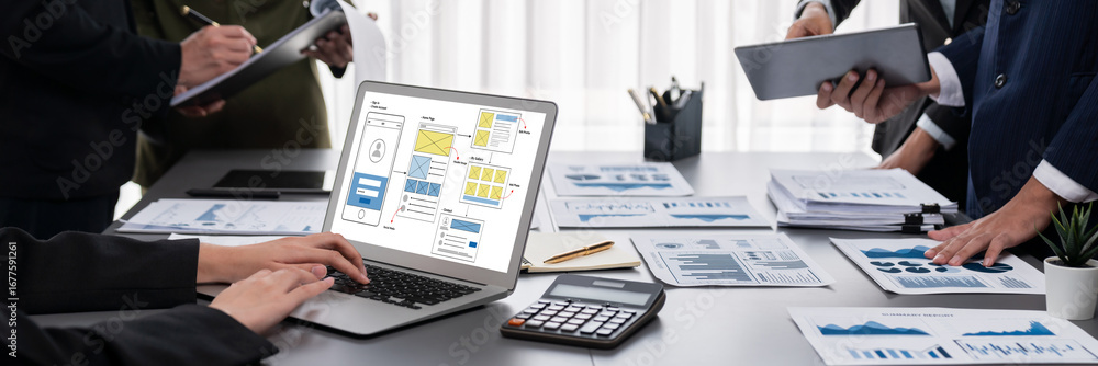 Poster panorama shot analyst team utilizing bi fintech to analyze financial report with laptop. businesspeo