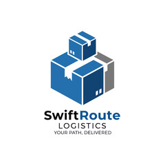 SwiftRoute Logistics company logo featuring blue and grey stacked boxes, symbolizing package delivery and shipping services.