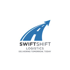 SwiftShift Logistics company logo featuring a blue road curving into an upward arrow, symbolizing speed, progress, and forward movement.