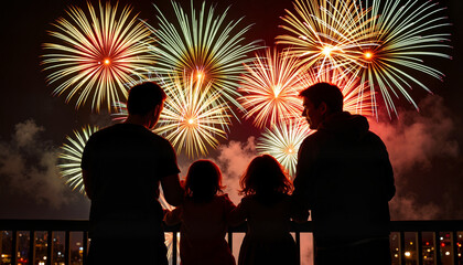 Family watching colorful fireworks display at night outdoors