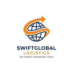 SwiftGlobal Logistics company logo featuring a blue globe with an orange arrow curving around it, symbolizing global movement and delivery.
