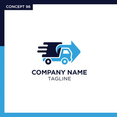 Fototapeta premium Modern logistics company logo concept featuring a fast-moving truck integrated with a forward-pointing arrow, symbolizing speed and delivery.