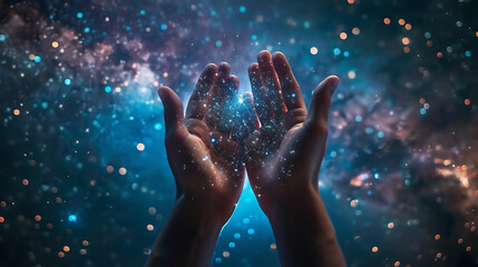 Close up of human hands with glowing energy and stars concept on background