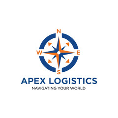 Apex Logistics company logo featuring a blue and orange compass rose with cardinal directions, symbolizing global navigation and transport.