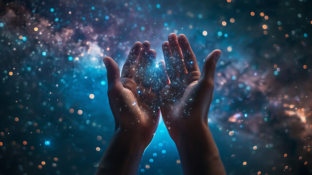 Close up of human hands with glowing energy and stars concept on background